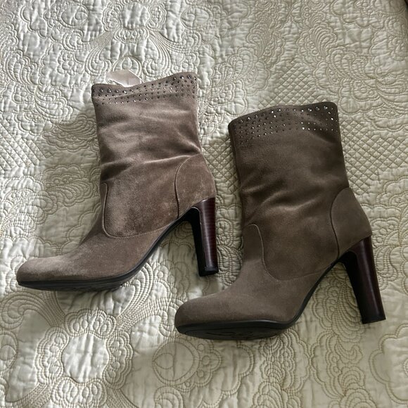 Dark Green Suede Mid-Calf Boots With Rhinestone Accents - Picture 2 of 12